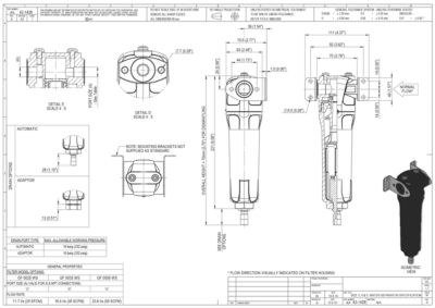 A general arrangement drawing for the 0025 to 0050 models of water separator filters