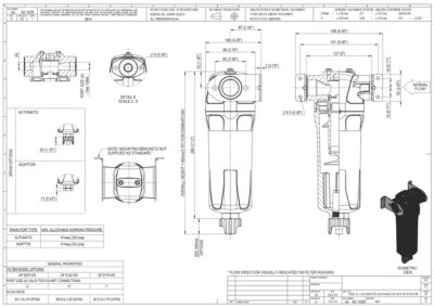 A general arrangement drawing for the 0070 to 0175 models of water separator filters
