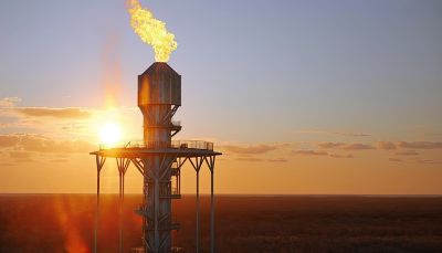 Aerial view to gas flare stack of petroleum refineries sunset background, flare pit tower for gas combustion natural gas processing, outdoor industrial flare boom, generative AI