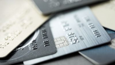 Close up of credit cards forming background