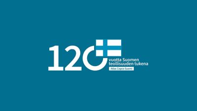 Atlas Copco Suomi 120 vuotta-logo, jossa teksti "120 vuotta Suomen teollisuuden tukena"