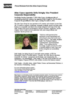 20160907 Atlas Copco appoints Sofia Svingby Vice President Corporate Responsibility