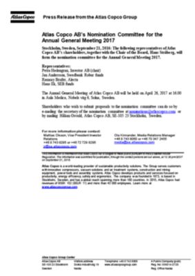 20160921_Atlas Copco AB’s Nomination Committee for the Annual General Meeting 2017