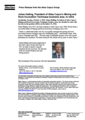 161003 Johan Halling, President of Atlas Copco’s Mining and Rock Excavation Technique business area, to retire