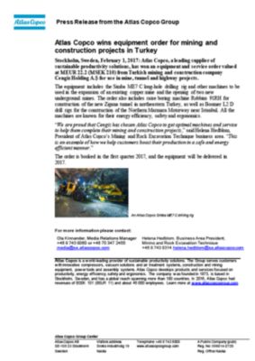 Atlas Copco wins equipment order for mining and construction projects in Turkey
