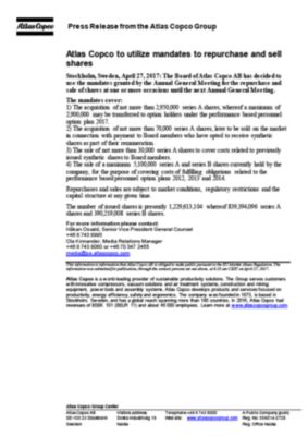 20170427 Atlas Copco to utilize mandates to repurchase and sell shares