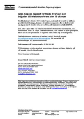 20171004 Atlas Copcos rapport för tredje kvartalet och inbjudan till telefonkonferens den 18 oktober