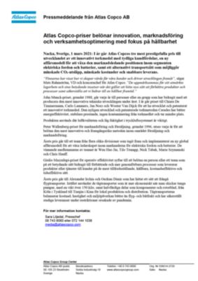 20210301 Atlas Copco-priser belönar innovation, marknadsföring och verksamhetsoptimering med fokus på hållbarhet