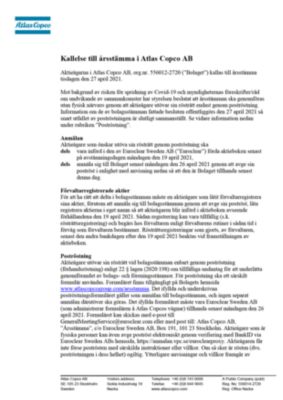 20210319 Kallelse till årsstämma i Atlas Copco AB