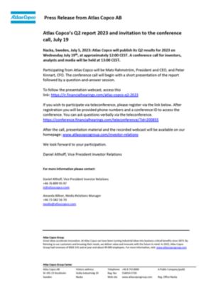 20230705 Atlas Copco’s Q2 report 2023 and invitation to the conference call, July 19