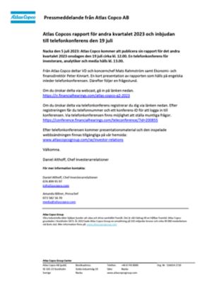 20230705 Atlas Copcos rapport för andra kvartalet 2023 och inbjudan till telefonkonferens den 19 juli