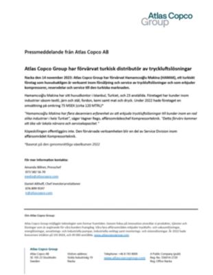 20231114 Atlas Copco Group har förvärvat turkisk distributör av tryckluftslösningar