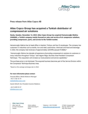 20231114 Atlas Copco Group has acquired a Turkish distributor of compressed air solutions