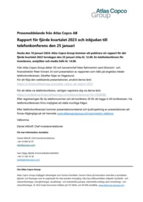 20240110 Rapport för fjärde kvartalet 2023 och inbjudan till telefonkonferens den 25 januari
