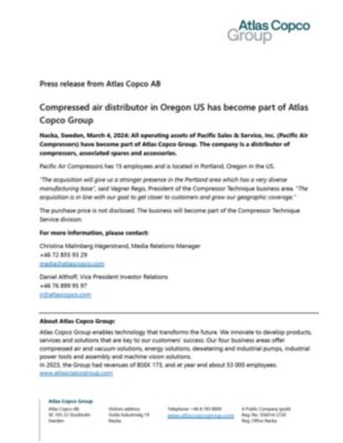 20240304 Compressed air distributor in Oregon US has become part of Atlas Copco Group