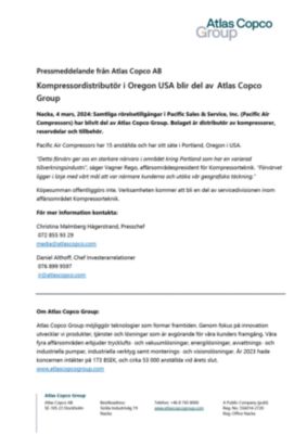 20240304 Kompressordistributör i Oregon USA blir del av Atlas Copco Group