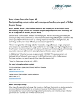 20240305 Reciprocating compression valve company has become part of Atlas Copco Group