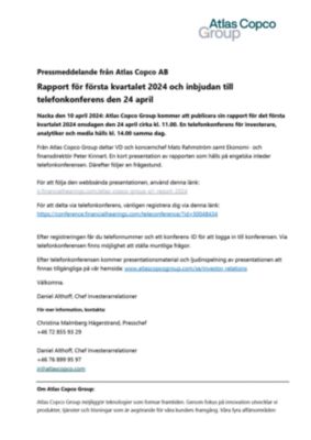 20240410 Rapport för första kvartalet 2024 och inbjudan till telefonkonferens den 24 april