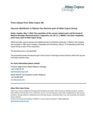 20240507 Vacuum distributor in Mexico has become part of Atlas Copco Group