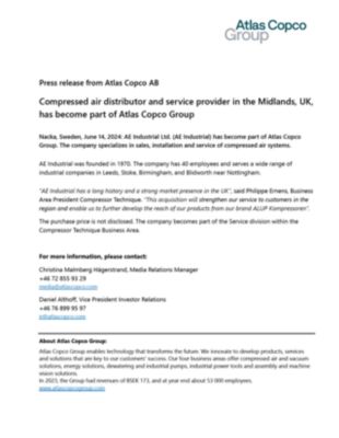 20240614 Compressed air distributor and service provider in the Midlands, UK, has become part of Atlas Copco Group