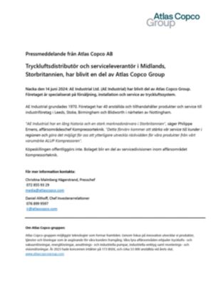 20240614 Tryckluftsdistributör och serviceleverantör i Midlands, Storbritannien, har blivit en del av Atlas Copco Group
