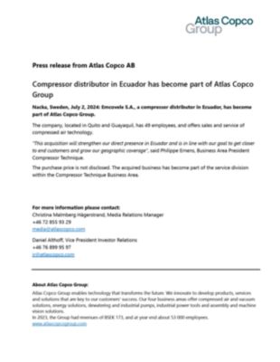 20240702 Compressor distributor in Ecuador has become part of Atlas Copco Group