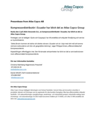 20240702 Kompressordistributor i Ecuador har blivit del av Atlas Copco Group