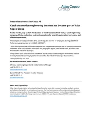 20240704 Czech automation engineering business has become part of Atlas Copco Group
