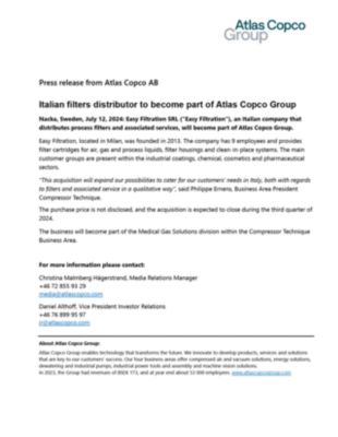 20240712 Italian filters distributor to become part of Atlas Copco Group