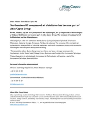 20240729 Southeastern US compressed air distributor has become part of Atlas Copco Group