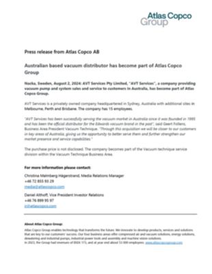 20240802 Australian based vacuum distributor has become part of Atlas Copco Group
