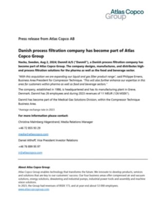 20240802 Danish process filtration company has become part of Atlas Copco Group