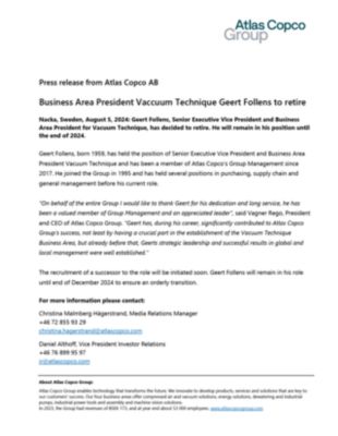 20240805 Business Area President Vaccuum Technique Geert Follens to retire