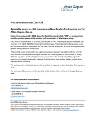 20240821 Specialty power rental company in New Zealand to become part of Atlas Copco Group