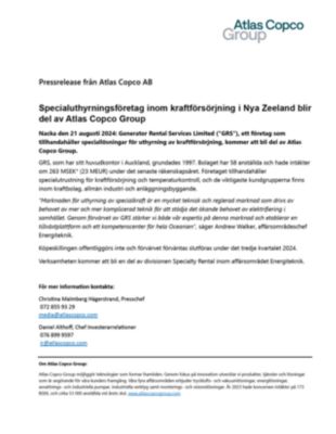 20240821 Specialuthyrningsföretag inom kraftförsörjning i Nya Zeeland blir del av Atlas Copco Group 