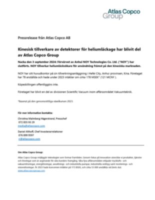 20240903 Kinesisk tillverkare av detektorer för heliumläckage har blivit del av Atlas Copco Group