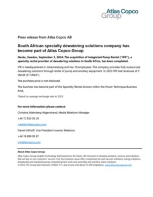 20240903 South African specialty dewatering solutions company has become part of Atlas Copco Group