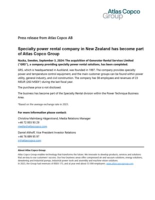 20240903 Specialty power rental company in New Zealand has become part of Atlas Copco Group