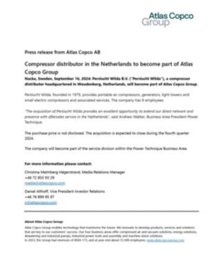 20240916 Compressor distributor in the Netherlands to become part of Atlas Copco Group