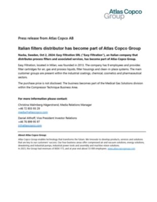 20241002 Italian filters distributor has become part of Atlas Copco Group