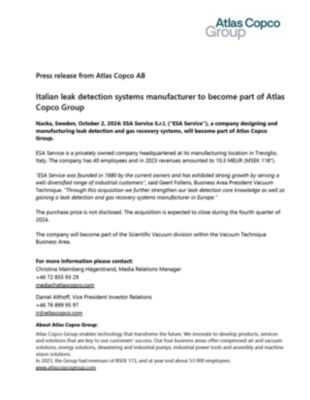 20241002 Italian leak detection systems manufacturer to become part of Atlas Copco Group