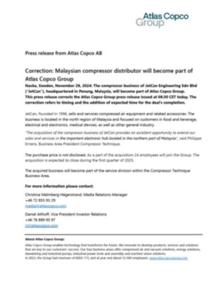 20241129 Correction Malaysian compressor distributor has become part of Atlas Copco Group