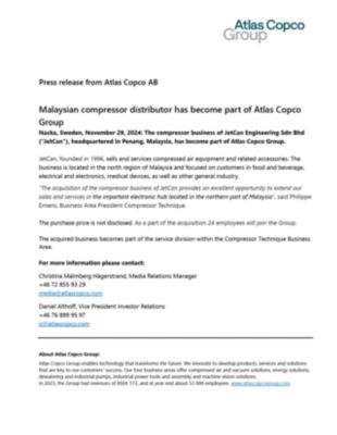 20241129 Malaysian compressor distributor has become part of Atlas Copco Group