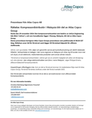 20241129 Rättelse Kompressordistributör i Malaysia har blivit del av Atlas Copco Group