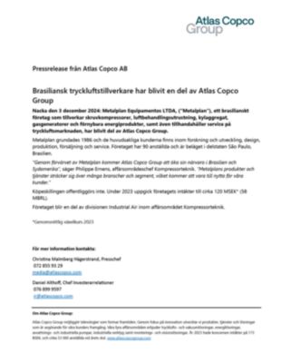 20241203 Brasiliansk tryckluftstillverkare har blivit en del av Atlas Copco Group