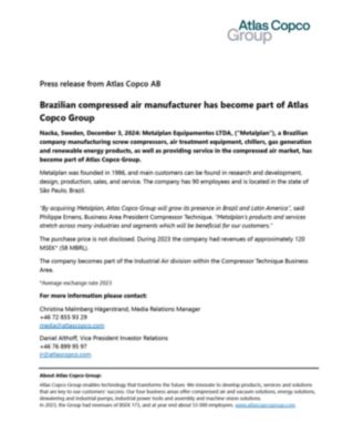 20241203 Brazilian compressed air manufacturer has become part of Atlas Copco Group