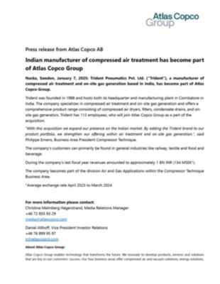 20250107 Indian manufacturer of compressed air treatment has become part of Atlas Copco Group