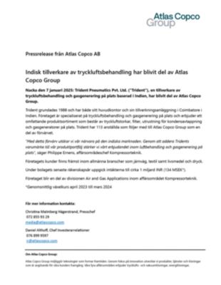 20250107 Indisk tillverkare av tryckluftsbehandling har blivit del av Atlas Copco Group