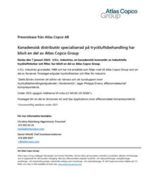 20250107 Kanadensisk distributör specialiserad på tryckluftsbehandling har blivit en del av Atlas Copco Group