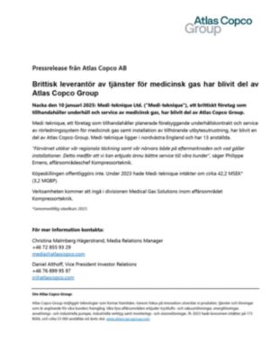 20250110 Brittisk leverantör av tjänster för medicinsk gas har blivit del av Atlas Copco Group